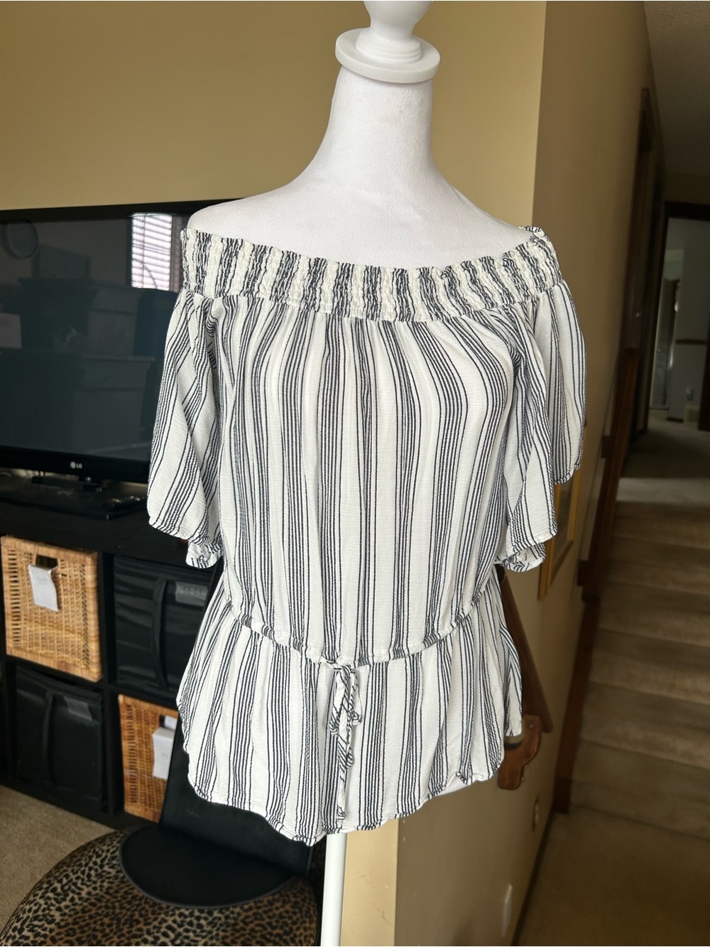 Off-Shoulder Black & White Striped Peplum/Flowy Sleeve/smocked Top